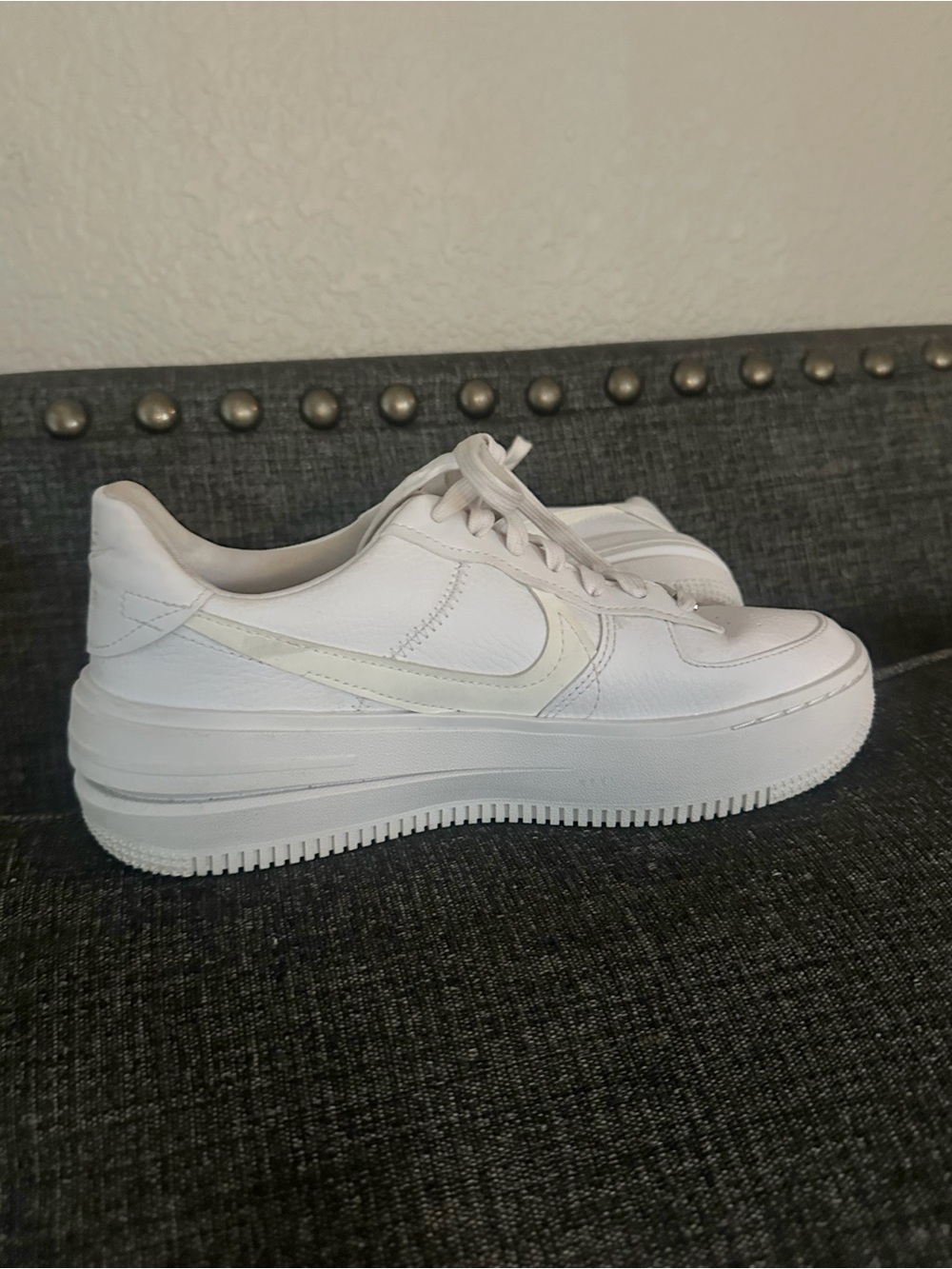 Nike White Platform Leather Sneakers with Cream Swoosh